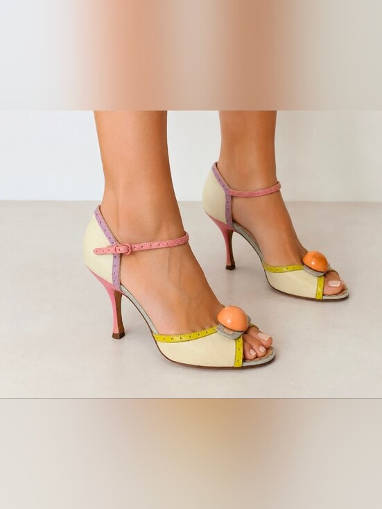 Moschino Shoes - Vintage Moschino Cream Peep-Toe Heels with Pink Accents Size 40.5